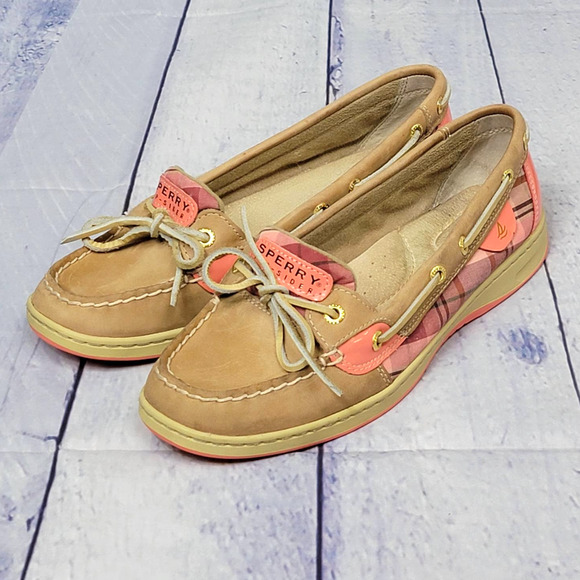 Women's Size 9M Sperry Topsider Angelfish Boat Shoe Plaid Suede Patent Leather - Picture 1 of 8